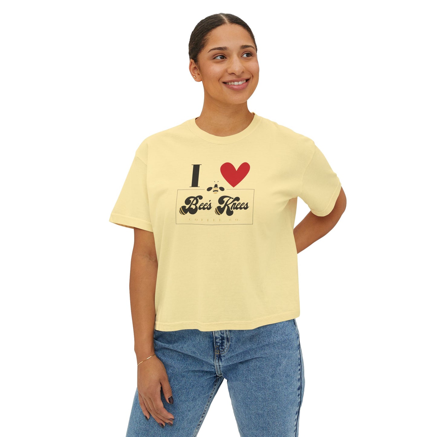I Love Bees Knees Coffee Co. Women's Boxy Tee - Cute Casual Top for Coffee Lovers