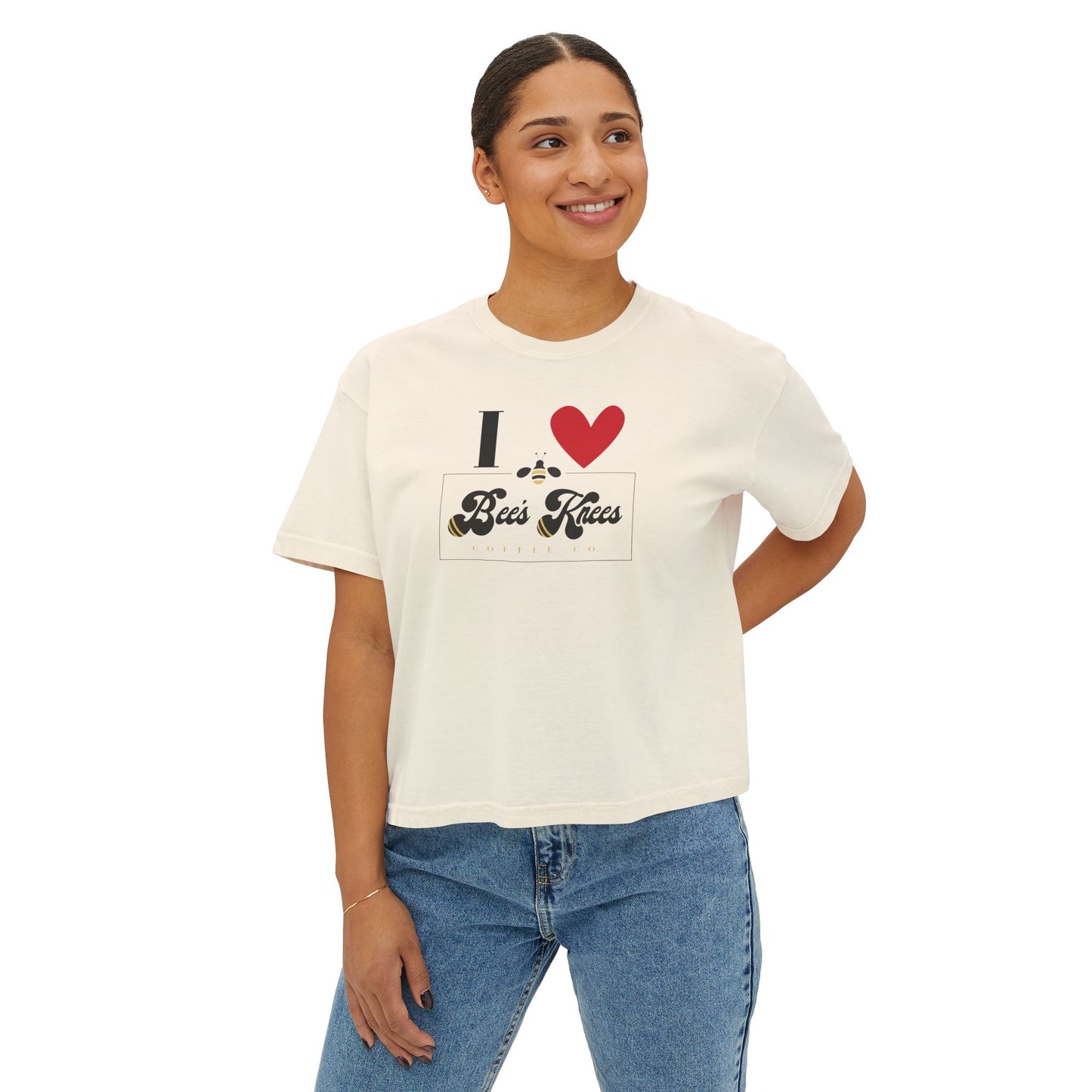 I Love Bees Knees Coffee Co. Women's Boxy Tee - Cute Casual Top for Coffee Lovers